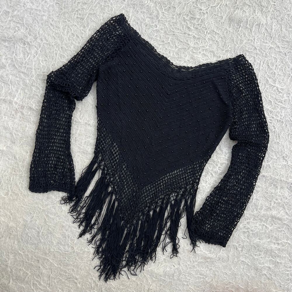 Y2K Black Crochet Fringe Knit Top – Fits S/M
